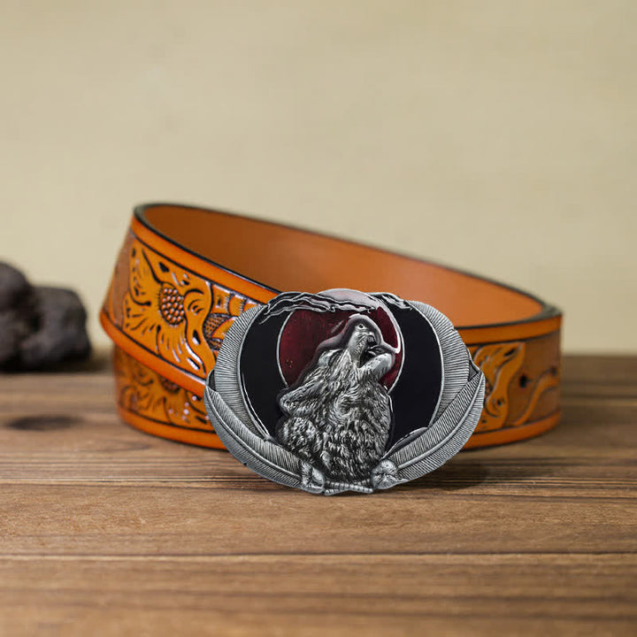 Men's DIY Howling Wolf Moon Oval Buckle Leather Belt - Red - Orange Carved Belt (40) - image 18