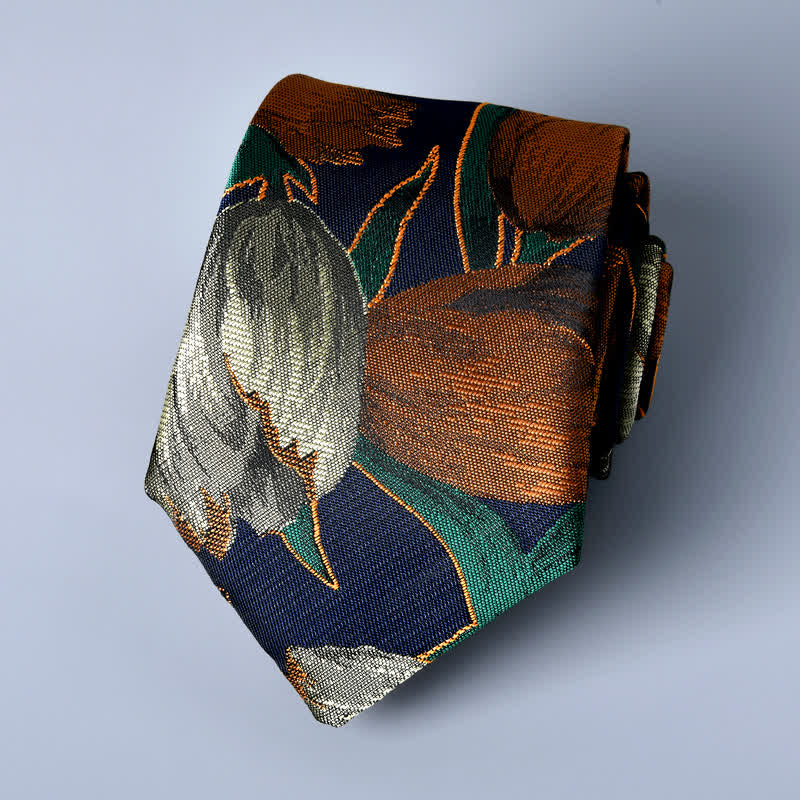 Navy & Peru Men's Elegant Floral Tulip Necktie - image 2