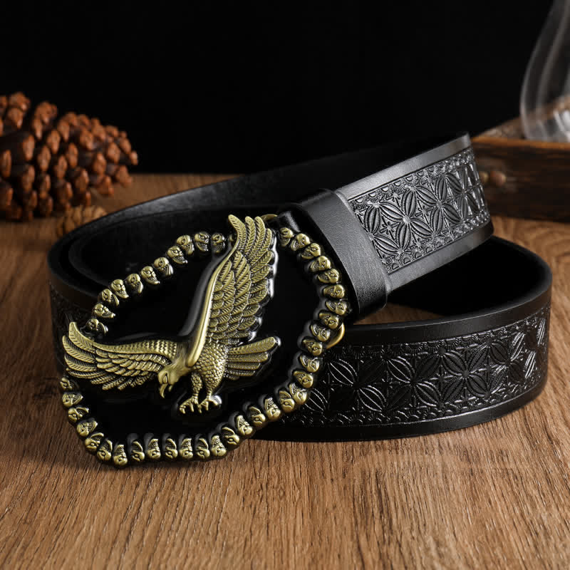 Men's Antique Gold Eagle Soaring Hawk Leather Belt - Black #3 - 42 - image 13