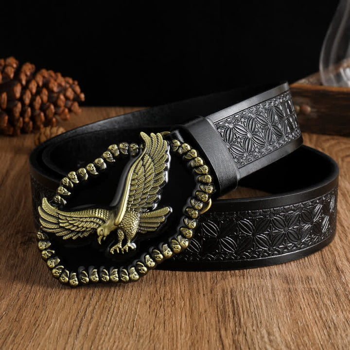 Men's Antique Gold Eagle Soaring Hawk Leather Belt - Black #3 - 42 - image 13
