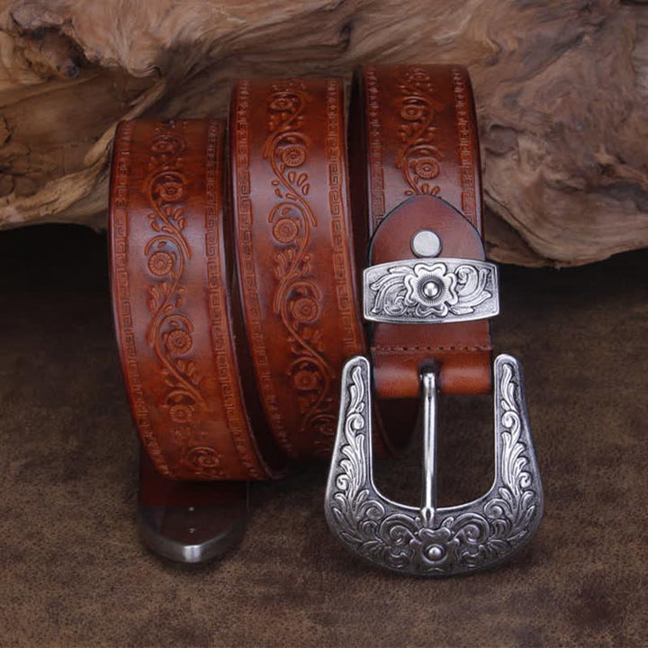 Unisex Rustic Texture Flower Printing Leather Belt - image 1