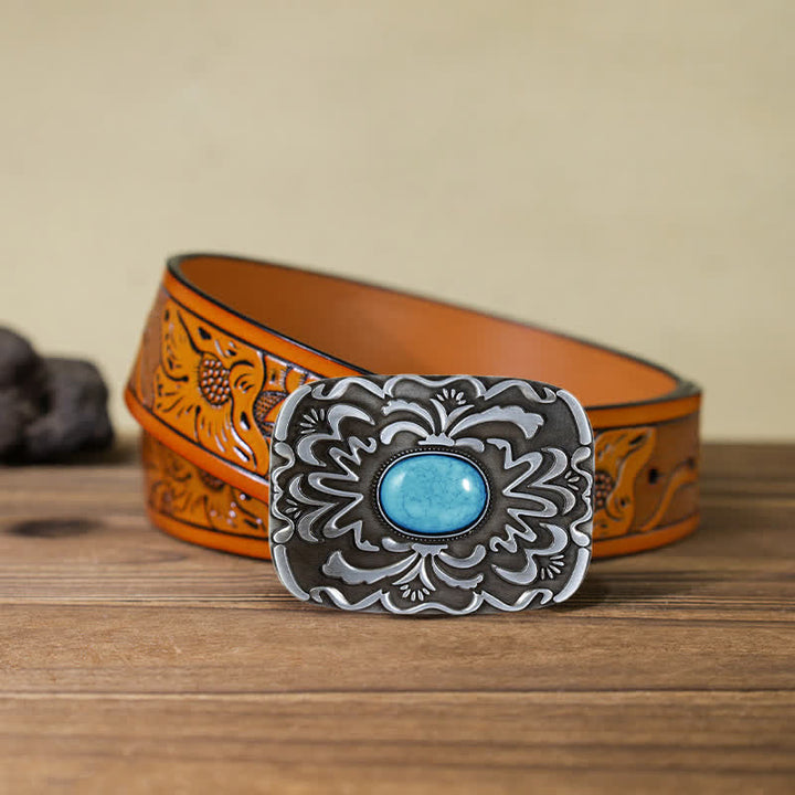 Men's DIY Turquoise Stone Flower Buckle Leather Belt - Turquoise - Orange Carved Belt (40) - image 16