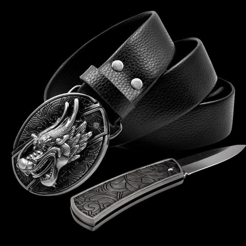 Men's Vintage 3D Dragon Leather Belt With Folding Knife - Dragon - 46 - image 0