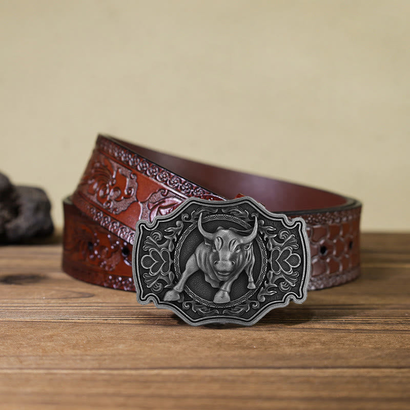 Men's DIY Matador Buckle Leather Belt - Silver - Brown Carved Belt (40) - image 16