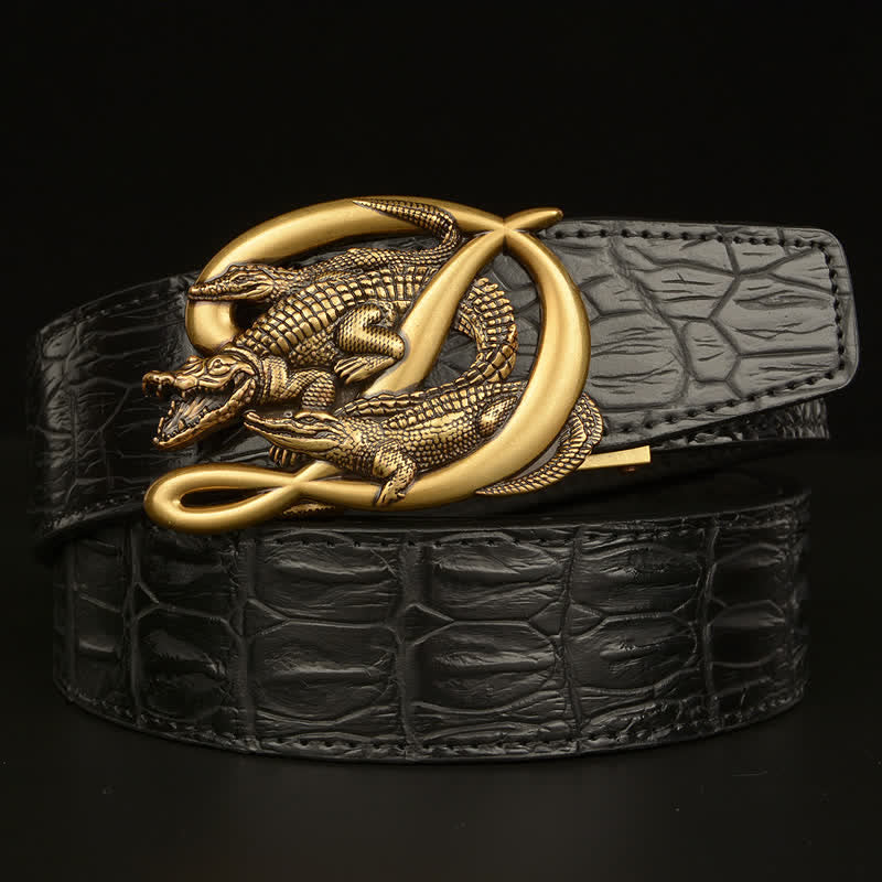 Men's Crocodile Buckle Alligator Pattern Leather Belt - Style #2 - Gold & Black - 46 - image 12