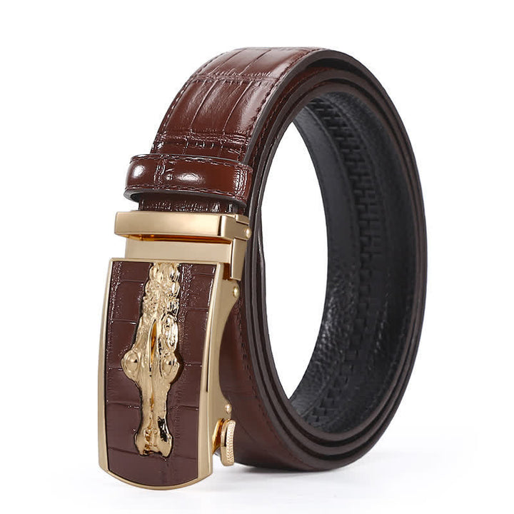 Men's Crocodile Pattern Automatic Buckle Leather Belt - Style #3 - Brown / Gold - 44 - image 13