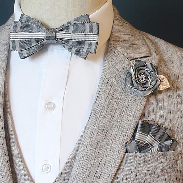 3Pcs Men's Horizon Striped Plaid Bow Tie Set - Plain - Gray - image 2