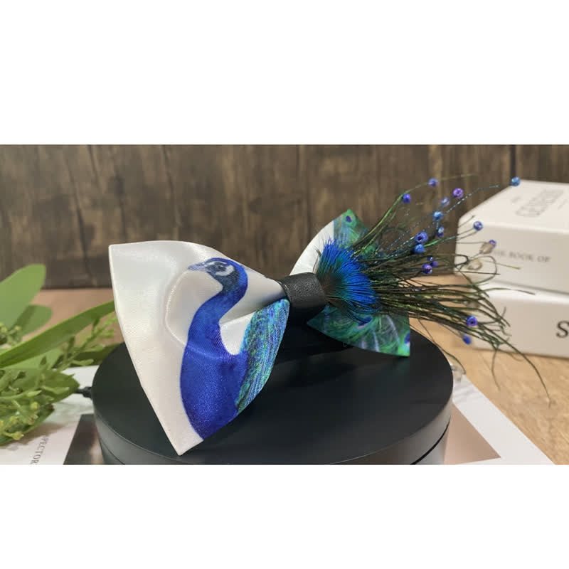 Blue Peacock Tail Beaded Feather Bow Tie - image 6