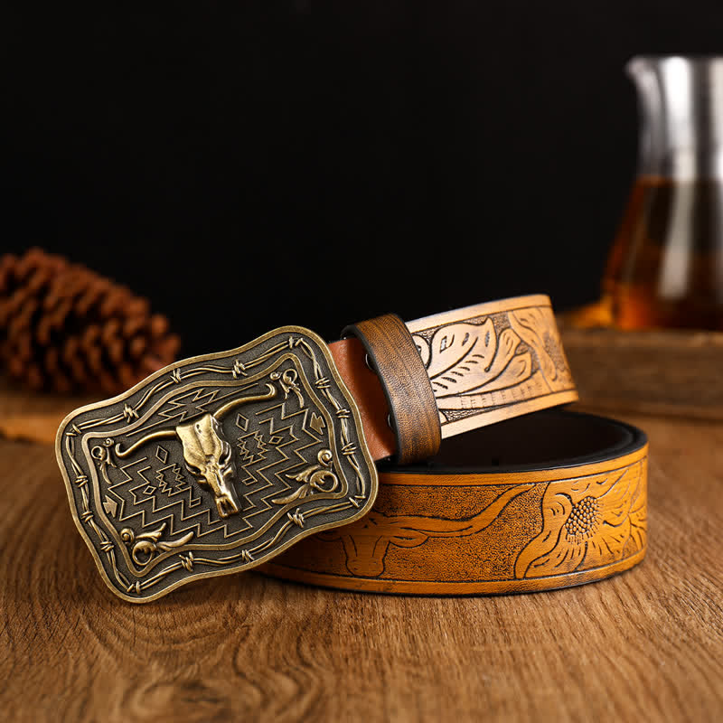 Men's Western Totem Bull Head Leather Belt - Yellowish-Brown - 42 - image 0