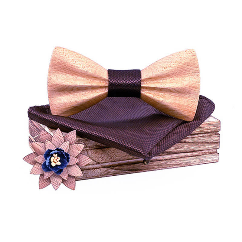 3Pcs Men's Hand Carved Crease Wooden Bow Tie Set - Maple - Brown - image 18