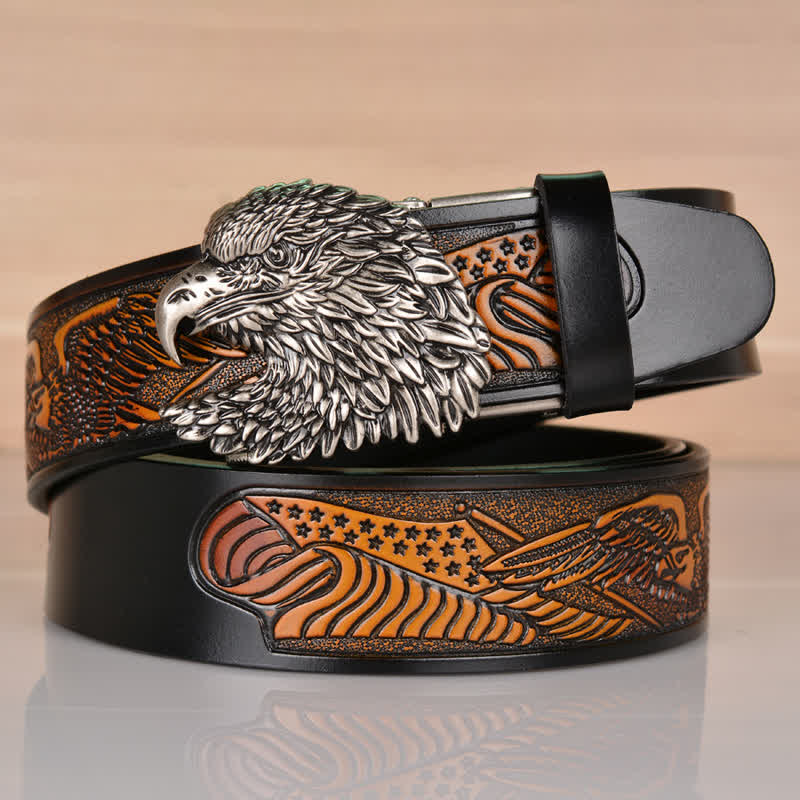 Men's Intricate Eagle Head Automatic Buckle Leather Belt - Black / Silver - 46 - image 16