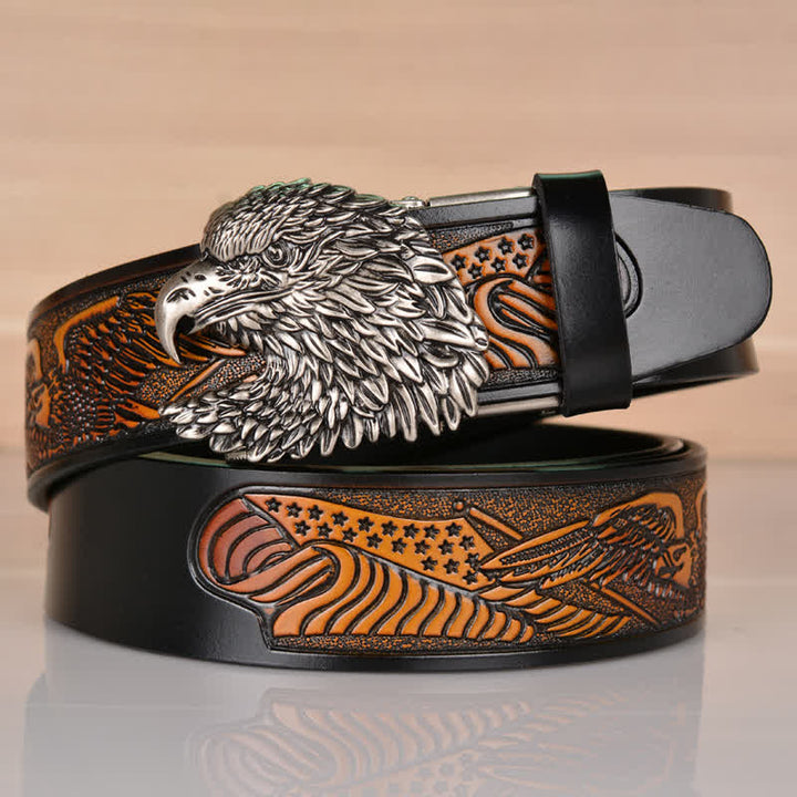 Men's Intricate Eagle Head Automatic Buckle Leather Belt - Black / Silver - 46 - image 16