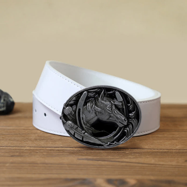 Men's DIY Horseshoe Black Enamel Buckle Leather Belt - Horseshoe - White PU Belt (40) - image 5