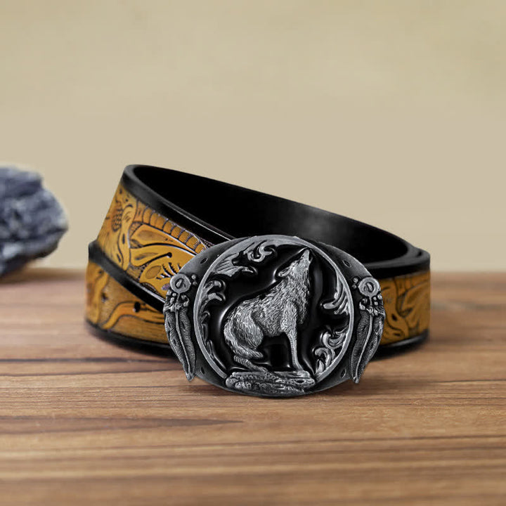 Men's DIY Enamel Domineering Howling Wolf Buckle Leather Belt - Black - SandyBrown Belt (40) - image 20