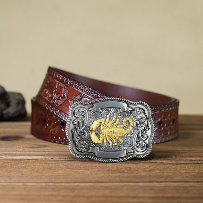 Men's DIY Gold Carving Animal Buckle Leather Belt - Scorpion - Brown Carved Belt (40) - image 61