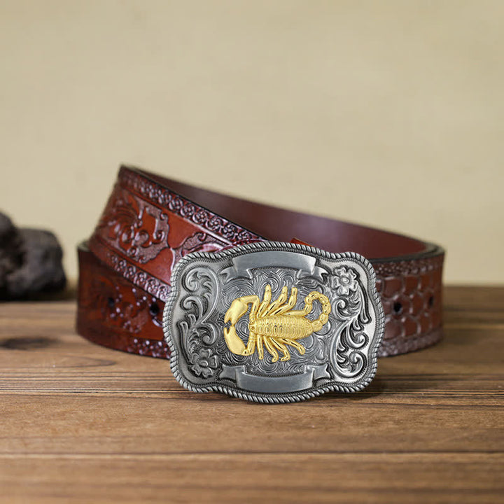 Men's DIY Gold Carving Animal Buckle Leather Belt - Scorpion - Brown Carved Belt (40) - image 61