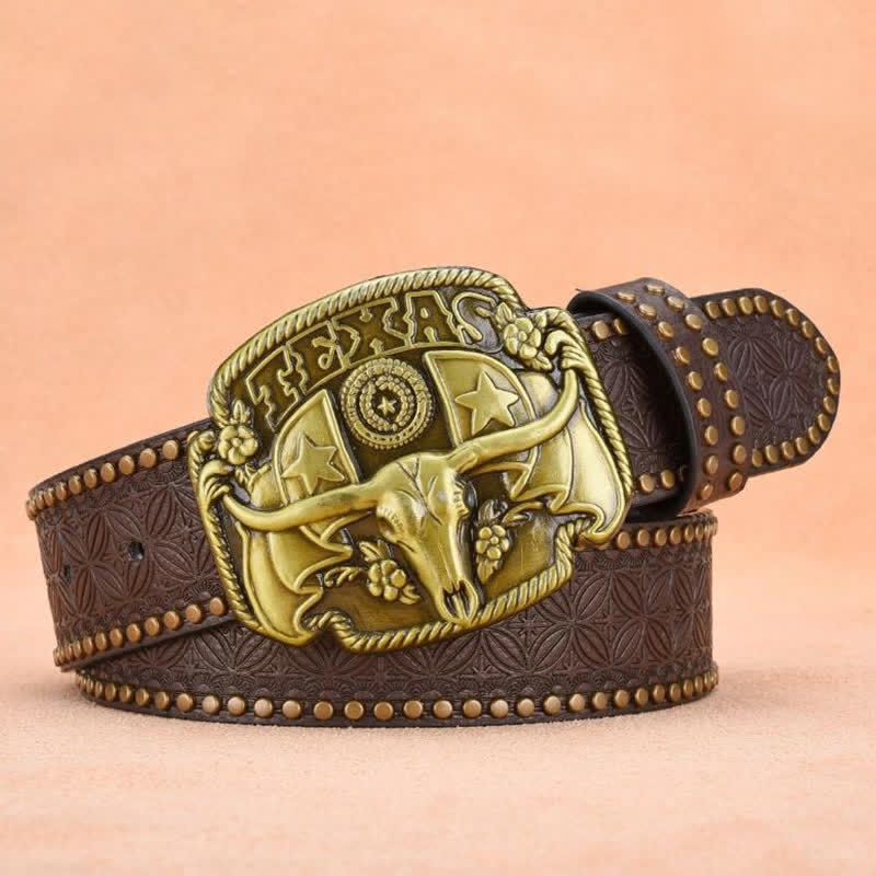 Men's Antique Longhorn Steer Rivet Leather Belt - image 10
