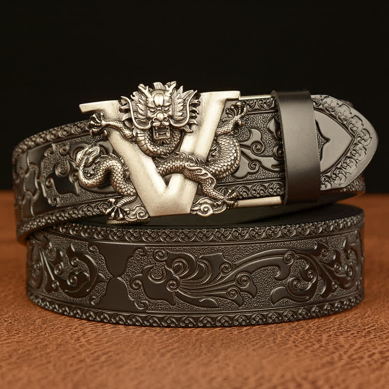 Men's Letter V Dragon Embossing Leather Belt - Silver & Black - 46 - image 17