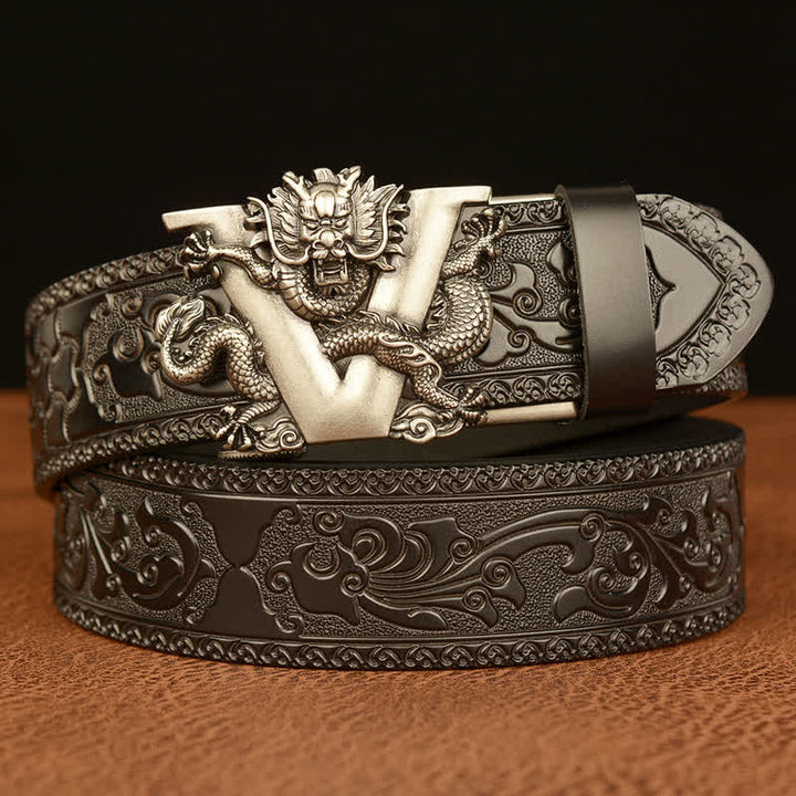 Men's Letter V Dragon Embossing Leather Belt - Silver & Black - 46 - image 17