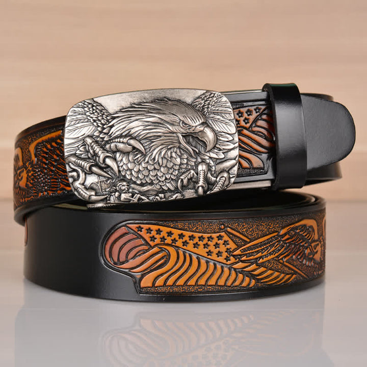 Men's Mighty Eagle Sharp Claw Automatic Buckle Leather Belt - Black / Silver - 46 - image 0