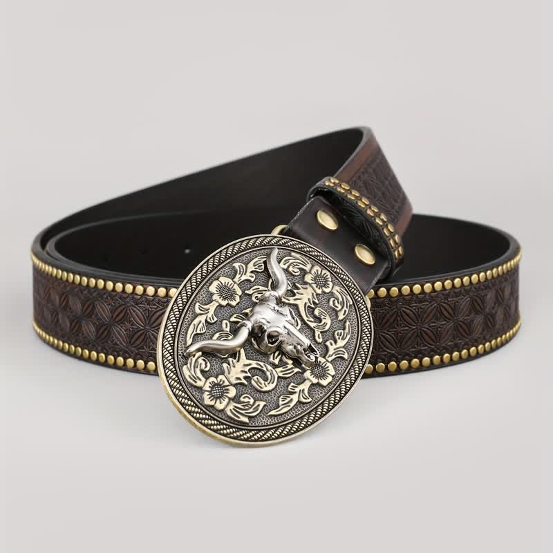 Men's Dark Brown Bull Head Embossed Leather Belt - Bull - 42 - image 0