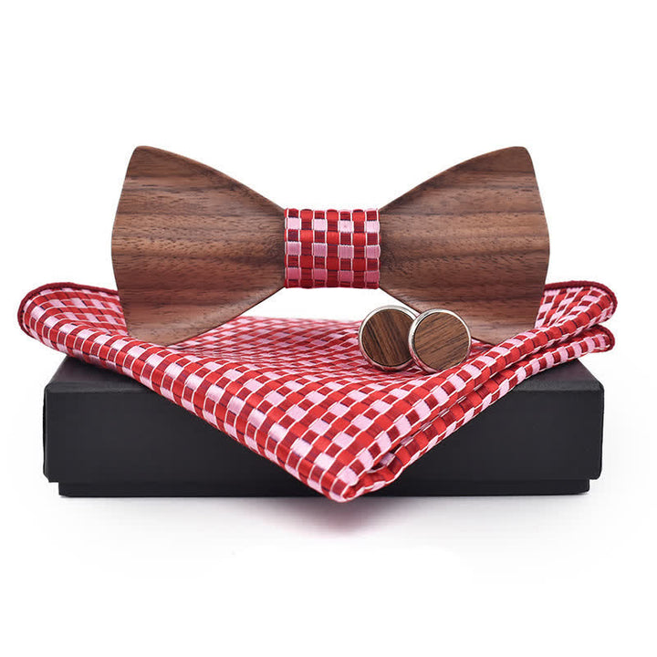 3Pcs Men's Black Walnut Wooden Bow Tie Set - Red - image 9