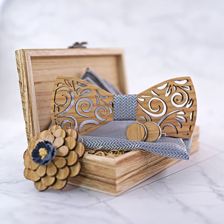 4Pcs Men's Hollow Leaf Design Wooden Bow Tie Set - image 5