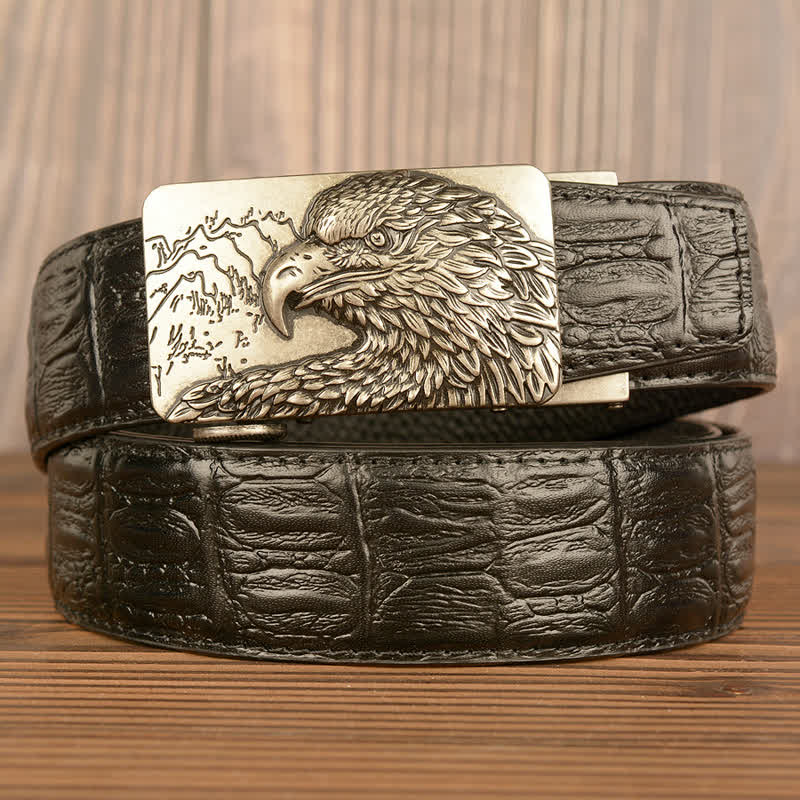 Men's Carved Eagle Crocodile Pattern Leather Belt - Silver & Black - Crocodile Skin - 44 - image 22