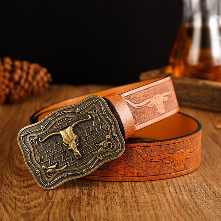Men's Western Totem Bull Head Leather Belt - Reddish-Brown - 42 - image 2