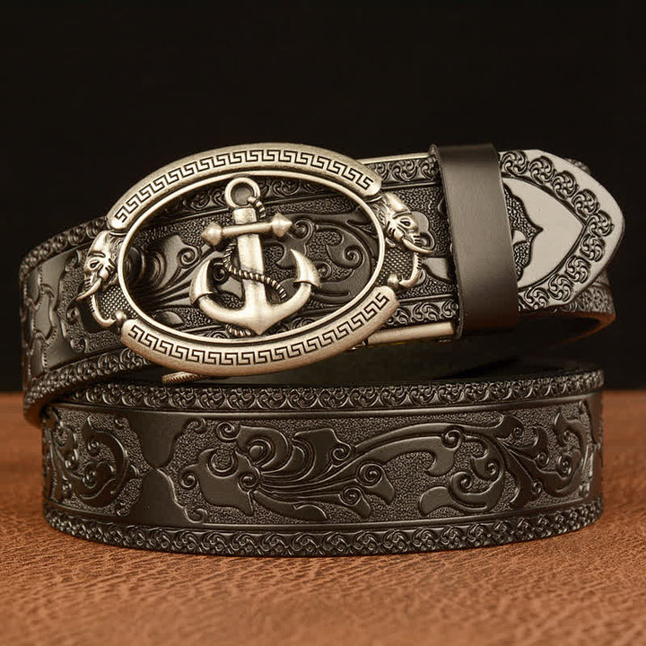 Men's Nautical Anchor Buckle Leather Belt - Silver & Black - 46 - image 15