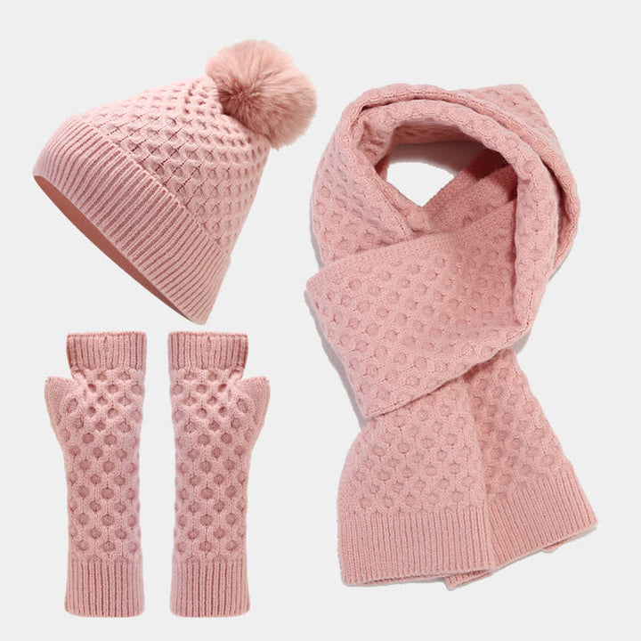 3Pcs Women's Criss Cross Knit Hat Scarf Gloves Set - Pink - Adjustable (22"-22 7/8") - image 12