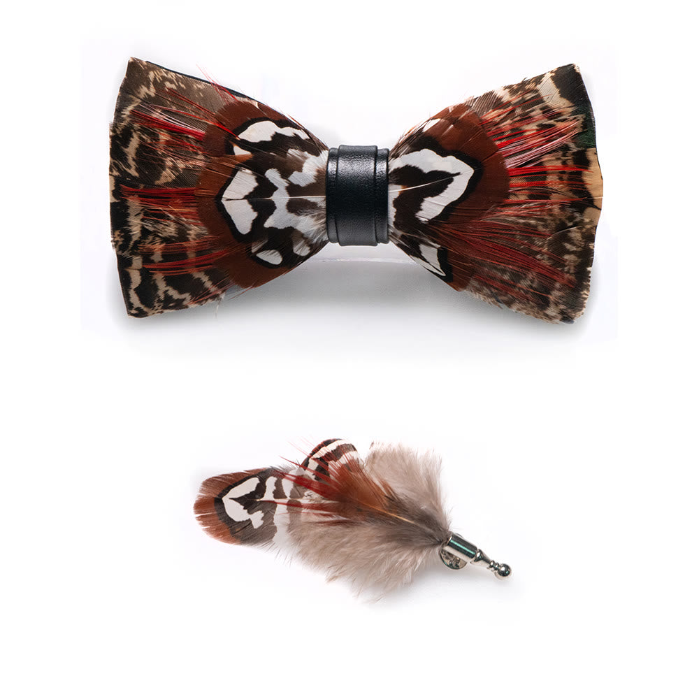 Brown & Red Feather Bow Tie with Lapel Pin - image 2