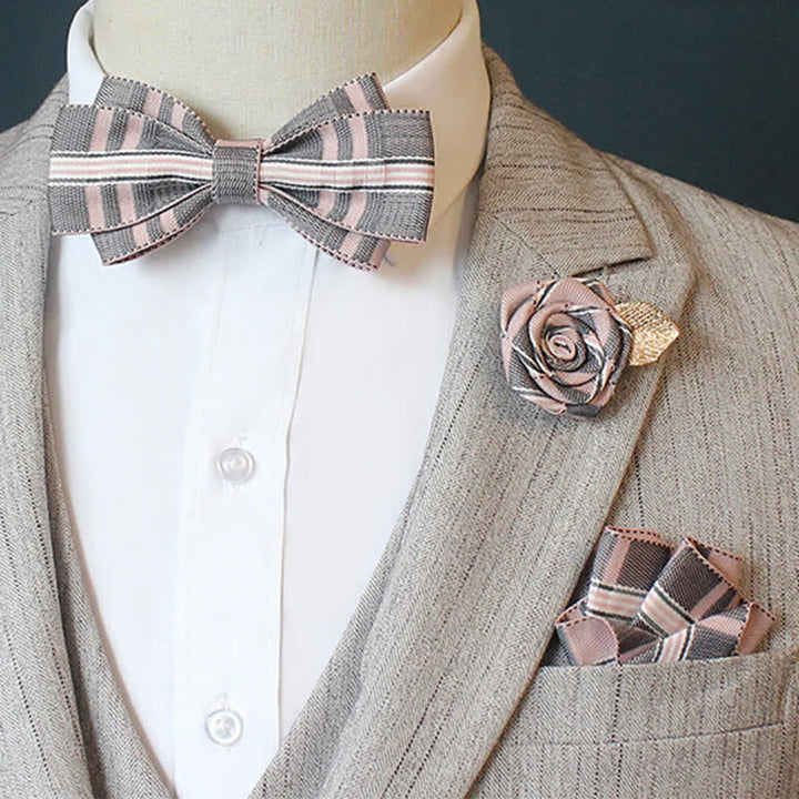 3Pcs Men's Horizon Striped Plaid Bow Tie Set - Plain - Pink - image 0