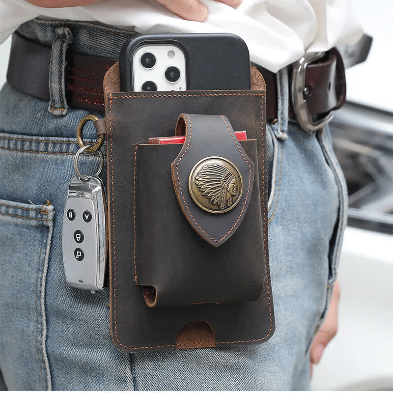 Phone Holster Magnetic Button Crazy Horse Leather Belt Bag - image 0