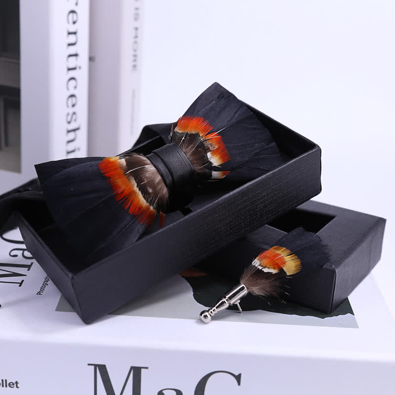 Black & Orange Feather Bow Tie with Lapel Pin - image 1