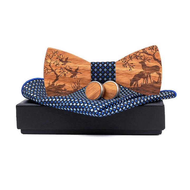 3Pcs Men's Fancy Christmas Elk Wooden Bow Tie Set - Blue - image 5