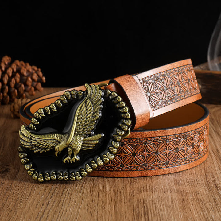 Men's Antique Gold Eagle Soaring Hawk Leather Belt - Yellowish-Brown #3 - 42 - image 15