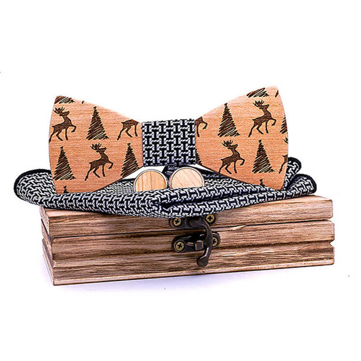 3Pcs Men's Christmas Tree Deer Pattern Wooden Bow Tie Set - Black - image 10