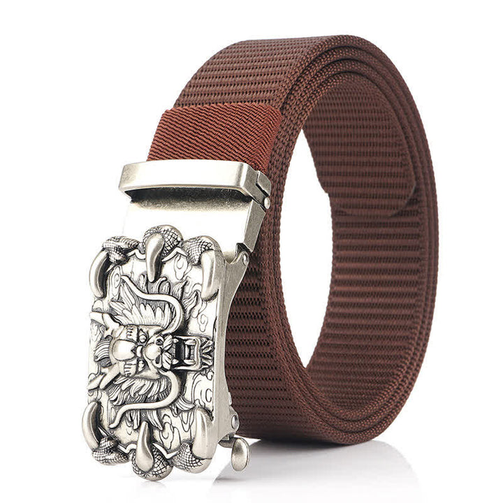 Men's Casual Dragon Decor Nylon Belt - Brown / Silver - 48" - image 13