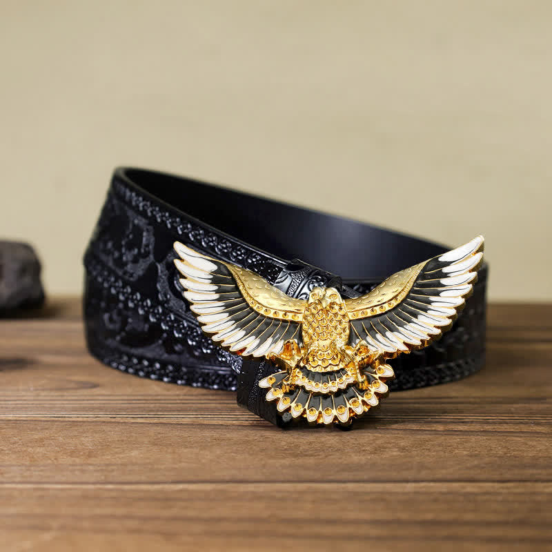 Men's DIY Golden Eagle Spread Wings Buckle Leather Belt - Eagle - Black Carved Belt (40) - image 10