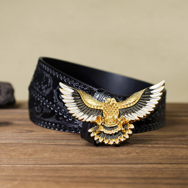 Men's DIY Golden Eagle Spread Wings Buckle Leather Belt - Eagle - Black Carved Belt (40) - image 10