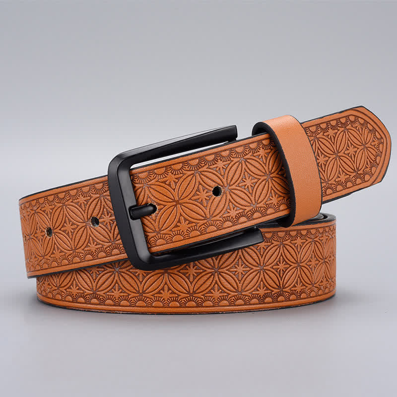 Men's Geometric Coin Embossing Leather Belt - Brown - 44 - image 7