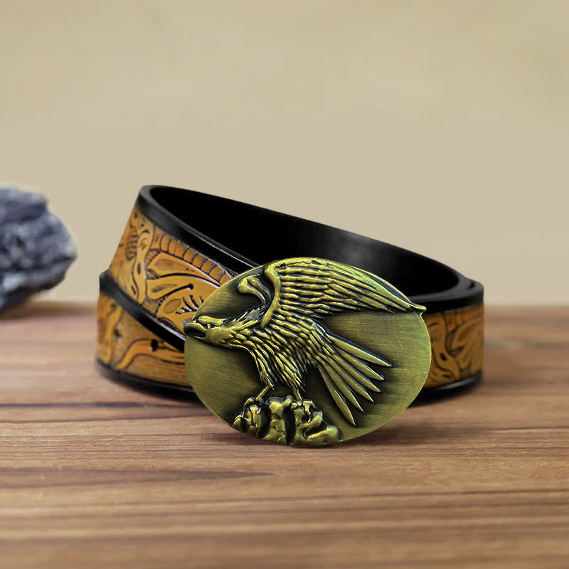 Men's DIY Eagle On Stone Buckle Leather Belt - Gold - SandyBrown Belt (40) - image 19