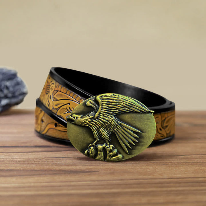 Men's DIY Eagle On Stone Buckle Leather Belt - Gold - SandyBrown Belt (40) - image 19