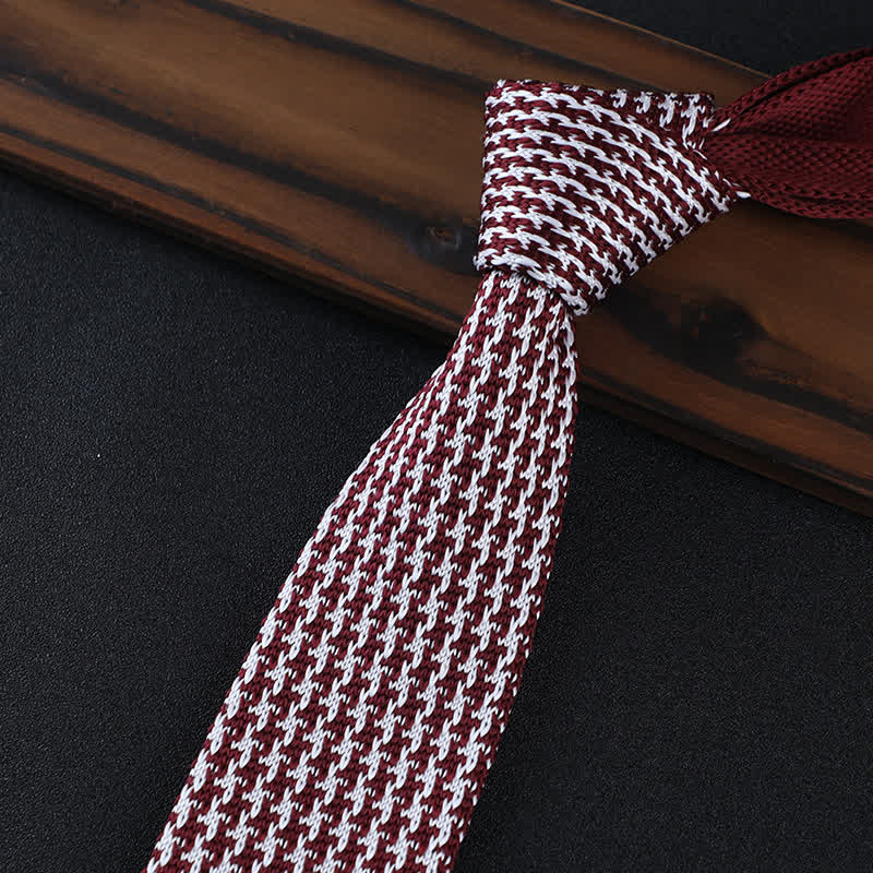 Men's Houndstooth Plaid Knitted Necktie - Burgundy - image 11