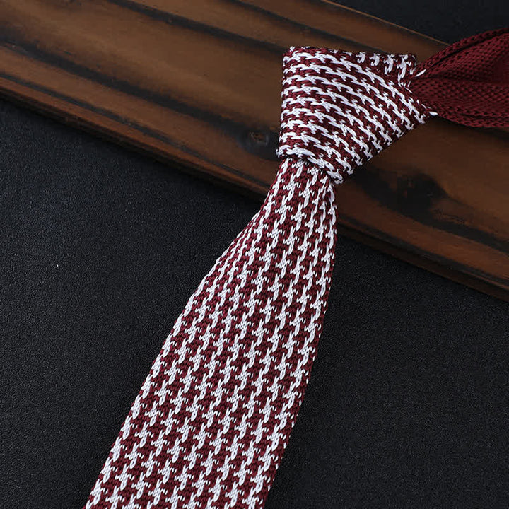 Men's Houndstooth Plaid Knitted Necktie - Burgundy - image 11