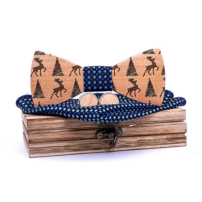 3Pcs Men's Christmas Tree Deer Pattern Wooden Bow Tie Set - Blue - image 6