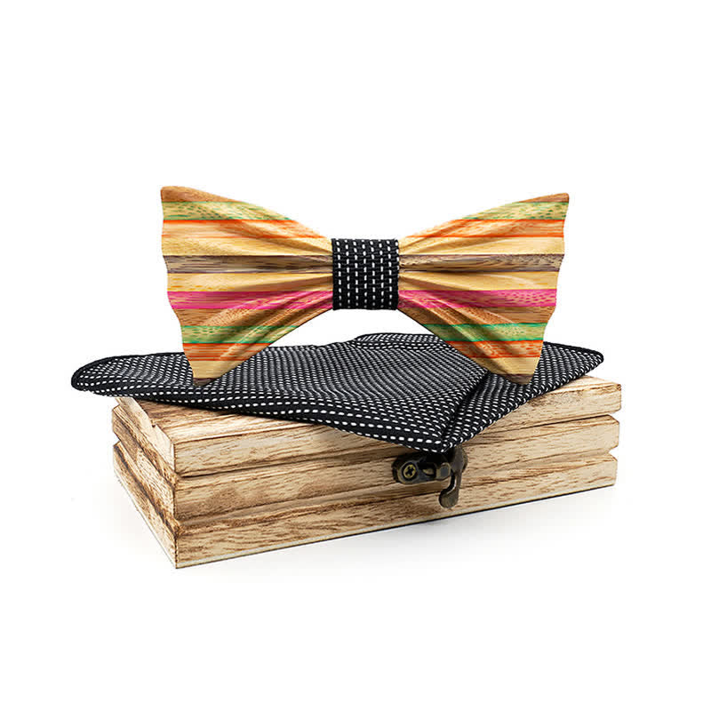 2Pcs Men's Rainbow Wrinkle Wooden Bow Tie Set - Black - image 9