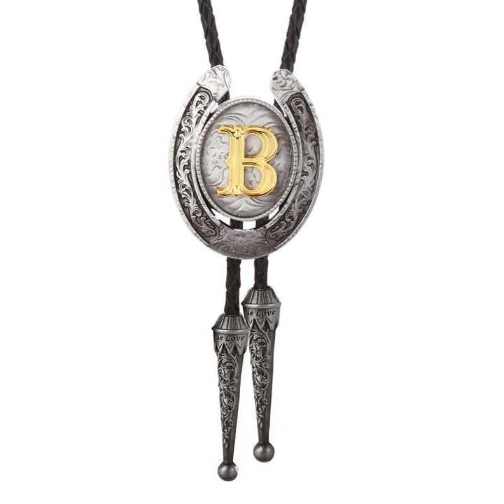 Modern Western Horseshoe Initial Letter A To Z Bolo Tie - Silver - B - image 32