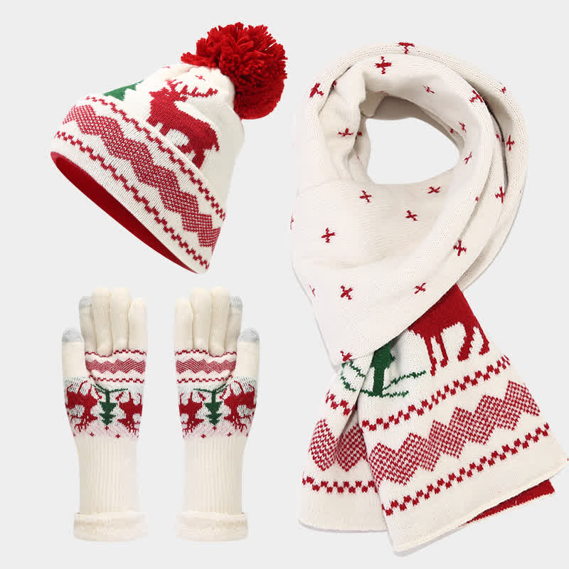 3Pcs Women's Reindeer Tree Jacquard Hat Scarf Gloves Set - White - Adjustable (Approx. 21 5/8"-23 5/8") - image 10